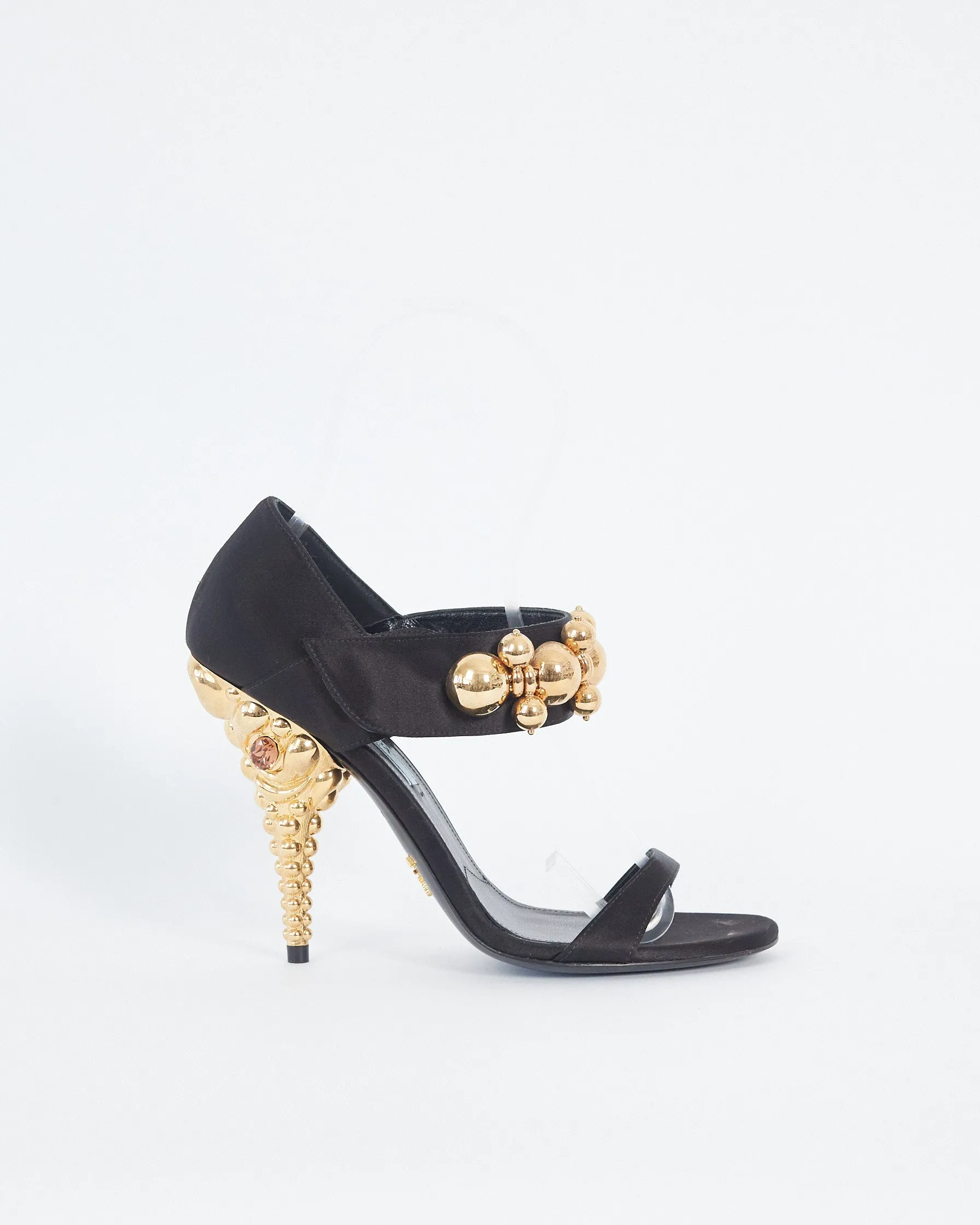 Prada fall '17 bauble embellished satin heels, black & gold, 37