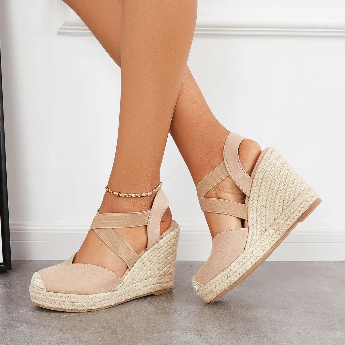 Sohiwoo Women Criss Cross Platform Espadrille Wedges Elastic Strap Sandals