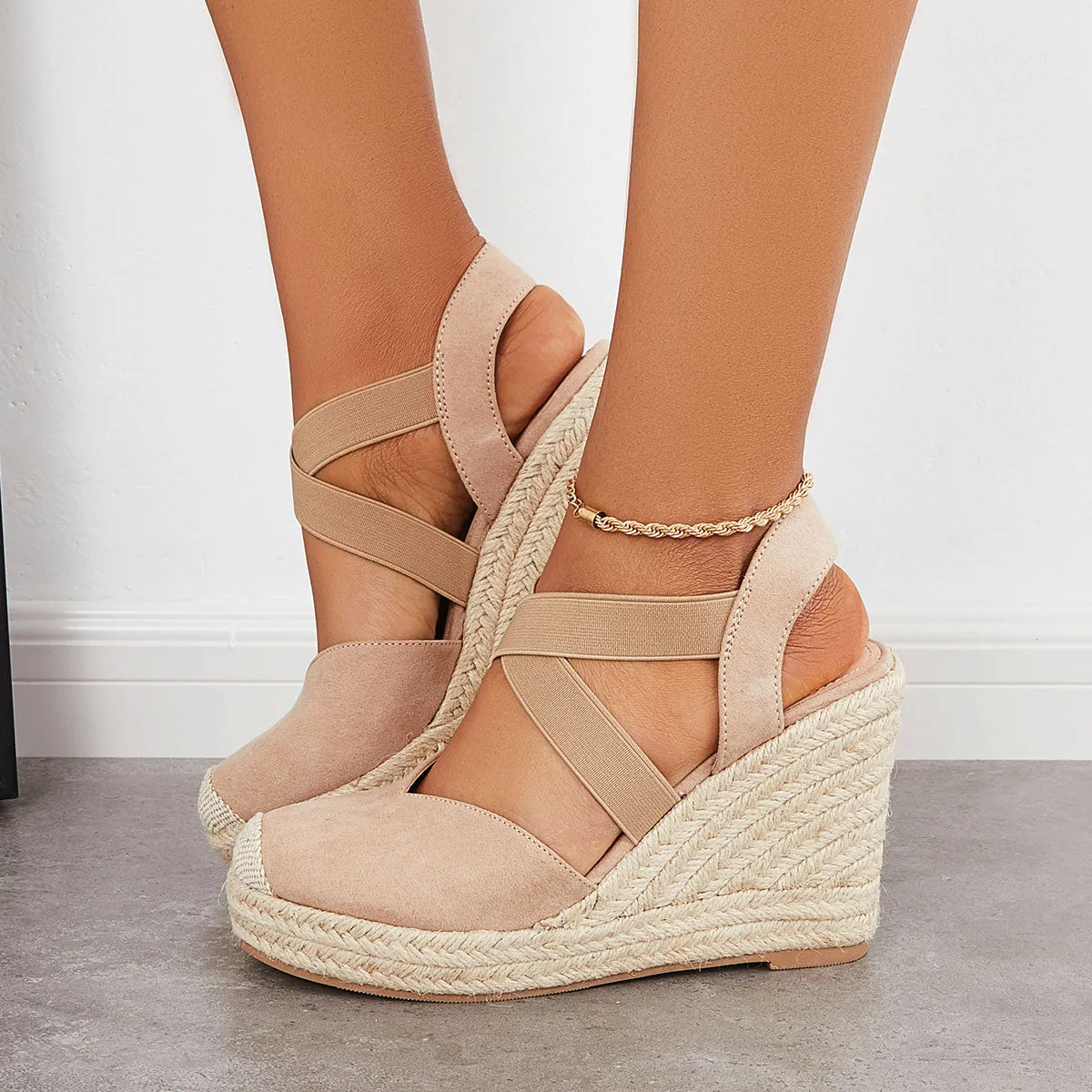 Sohiwoo Women Criss Cross Platform Espadrille Wedges Elastic Strap Sandals