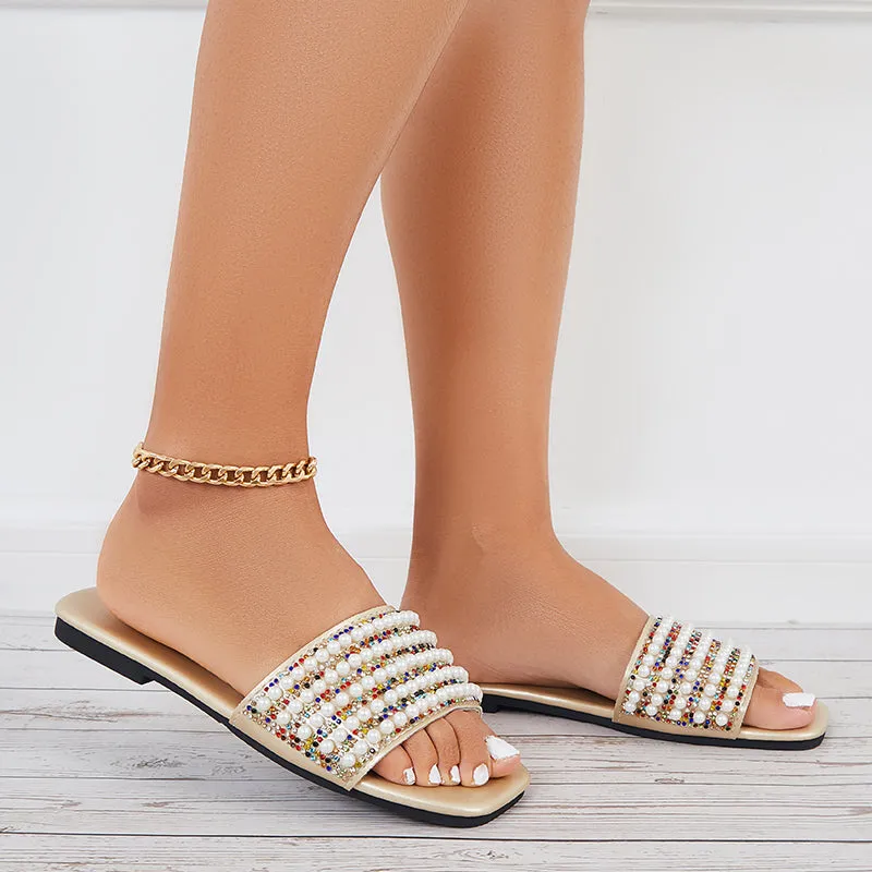 Sohiwoo Women Pearls Decor Flat Slide Sandals Square Toe Beach Slippers