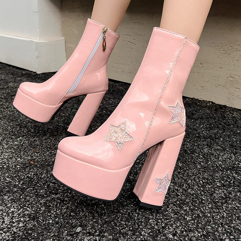 Star Motif Glam Boots Block Heel