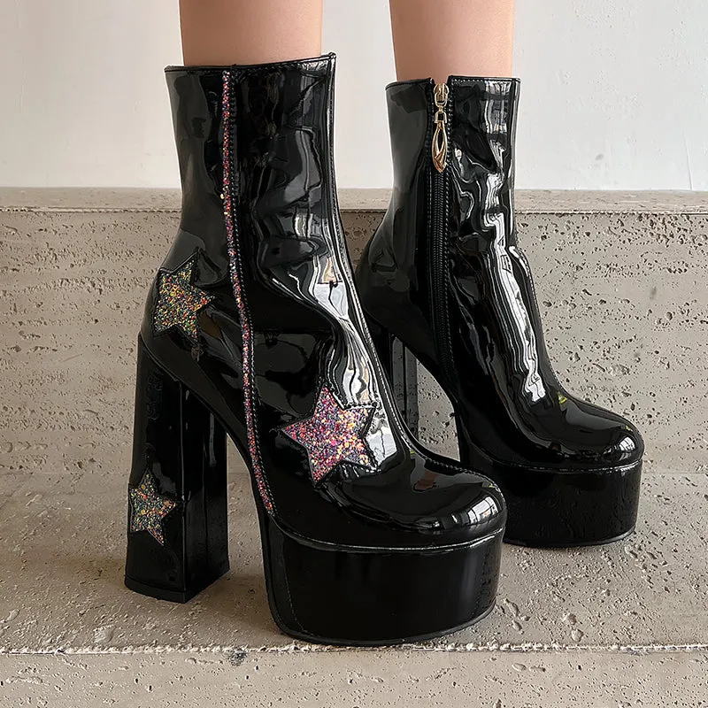 Star Motif Glam Boots Block Heel