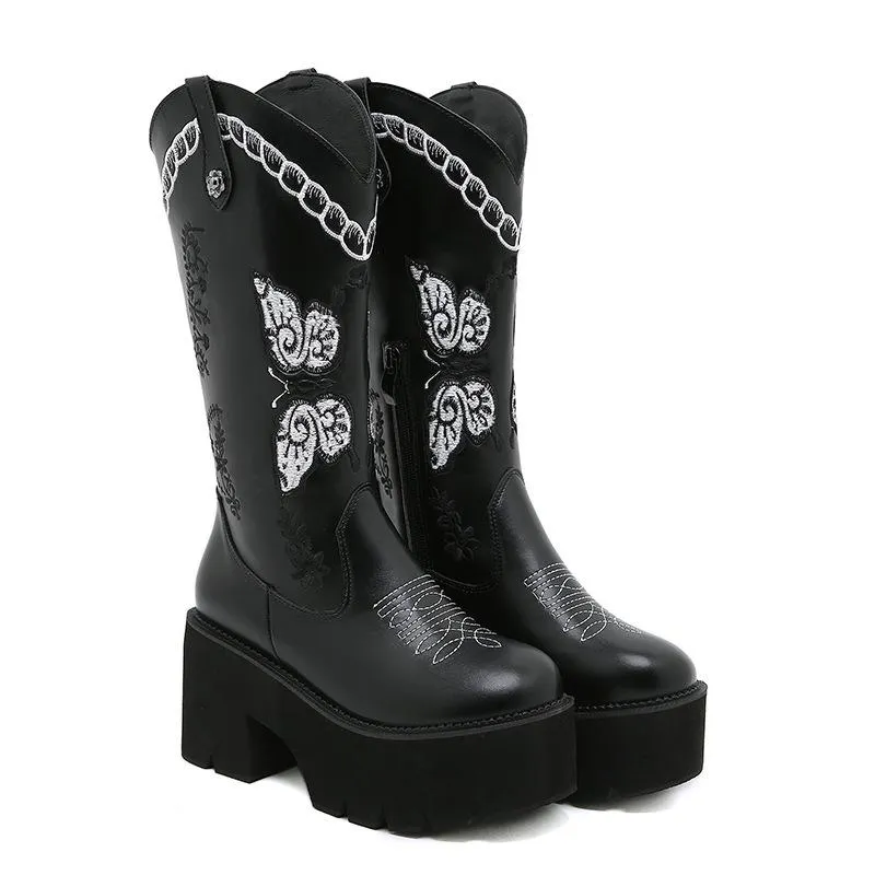 Women embroidered butterfly chunky heel platform knee high black boots