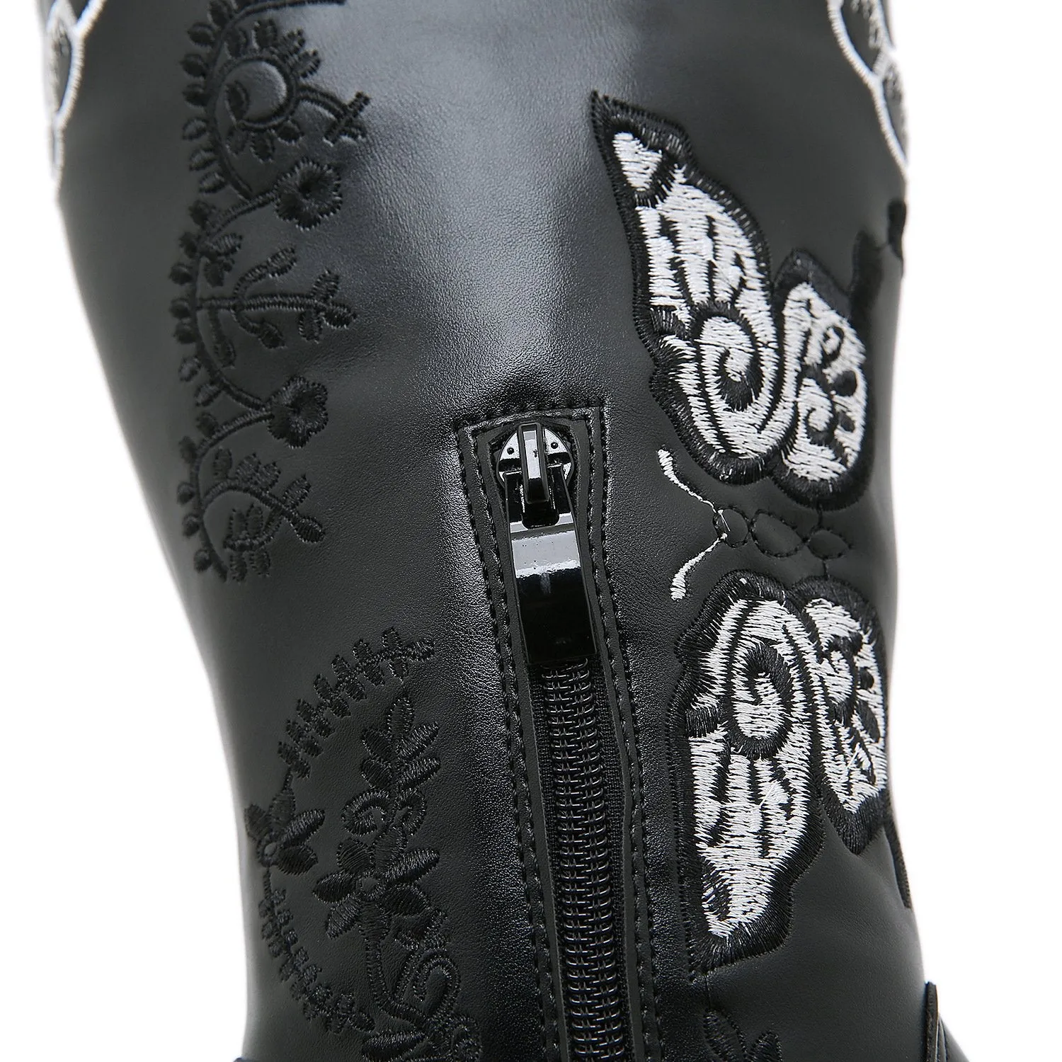 Women embroidered butterfly chunky heel platform knee high black boots