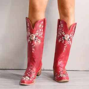 Women embroidered chunky heel slip on mid calf boots