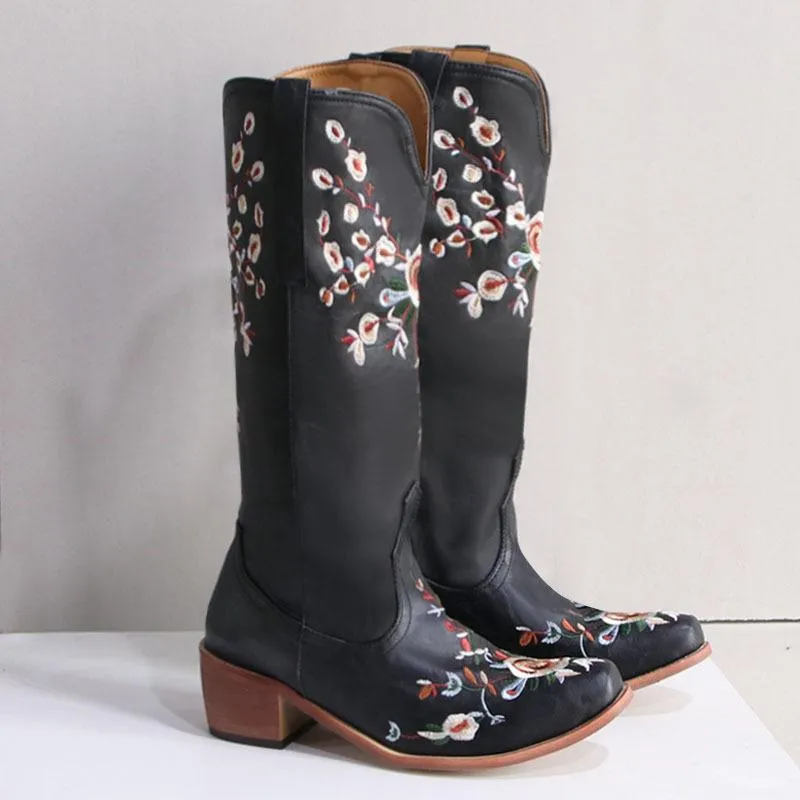 Women embroidered chunky heel slip on mid calf boots