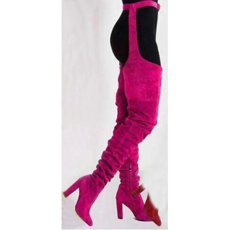 Women fashion chunky heel pointed toe faux fur thigh high boots