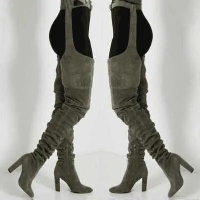 Women fashion chunky heel pointed toe faux fur thigh high boots