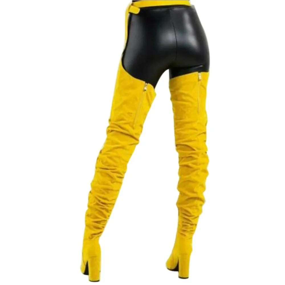 Women fashion chunky heel pointed toe faux fur thigh high boots