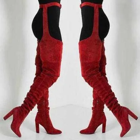 Women fashion chunky heel pointed toe faux fur thigh high boots