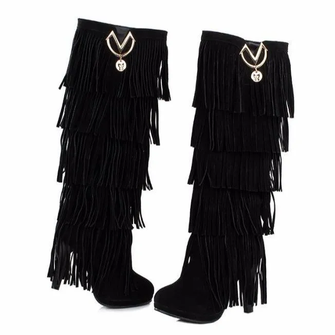 Women fashion fringe chunky heel platform knee high boots