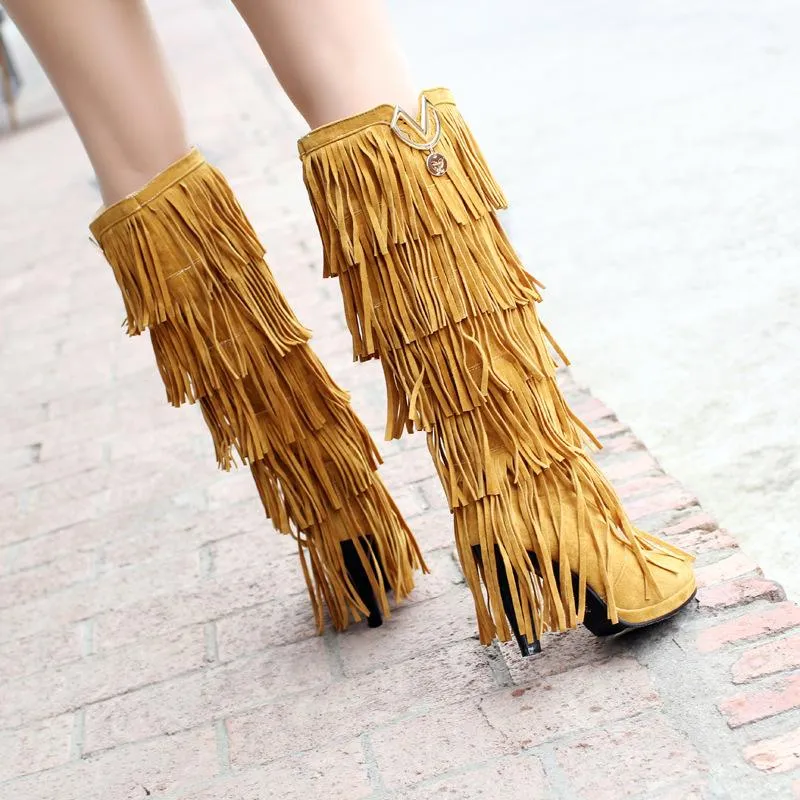 Women fashion fringe chunky heel platform knee high boots