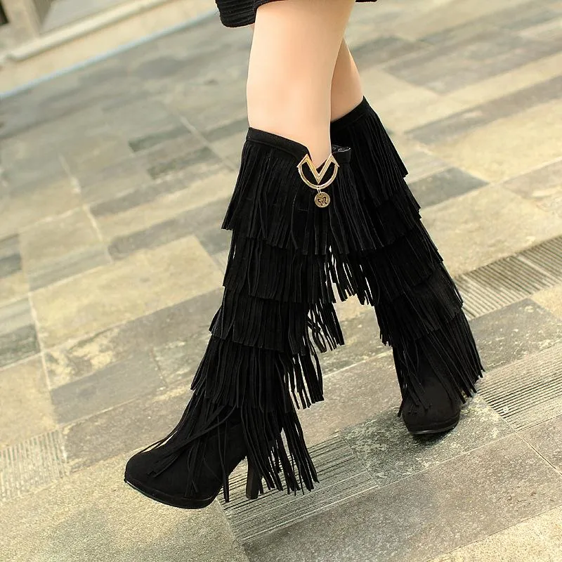 Women fashion fringe chunky heel platform knee high boots