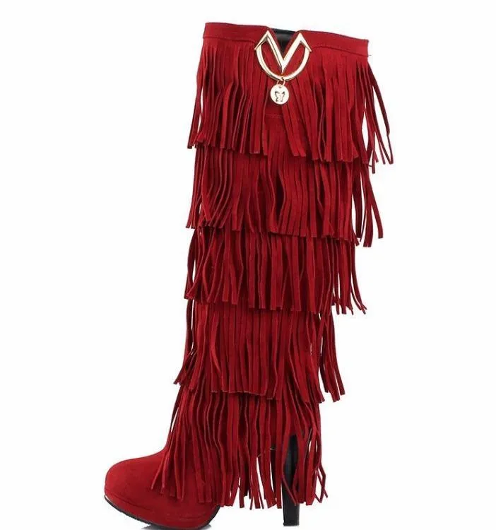 Women fashion fringe chunky heel platform knee high boots