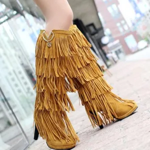 Women fashion fringe chunky heel platform knee high boots